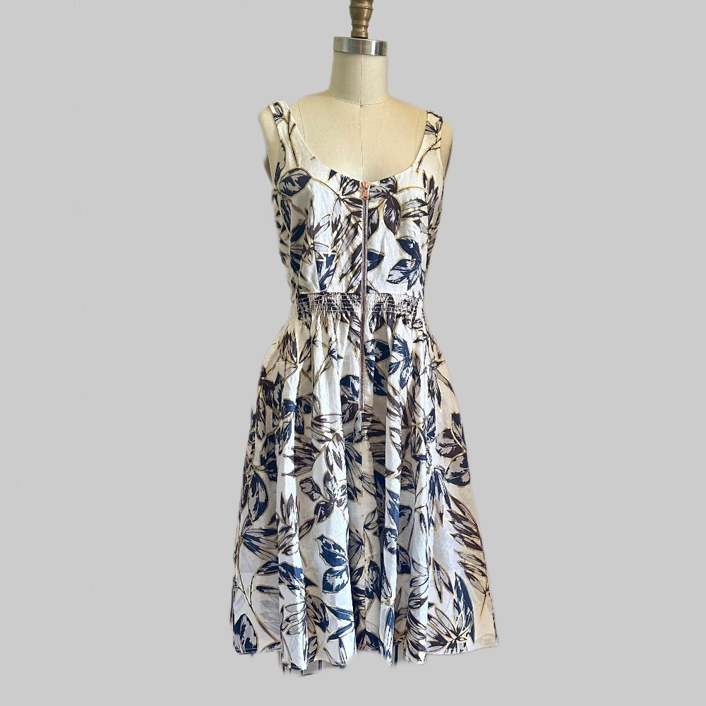 J Crew Linen Dress Gold Foil Leaf Print Zip Front